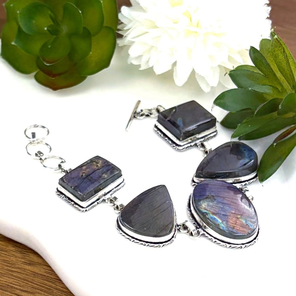 Natural Purple Labradorite Chunky Bracelet Boho New 925 Sterling Silver Overlay - Picture 8 of 11